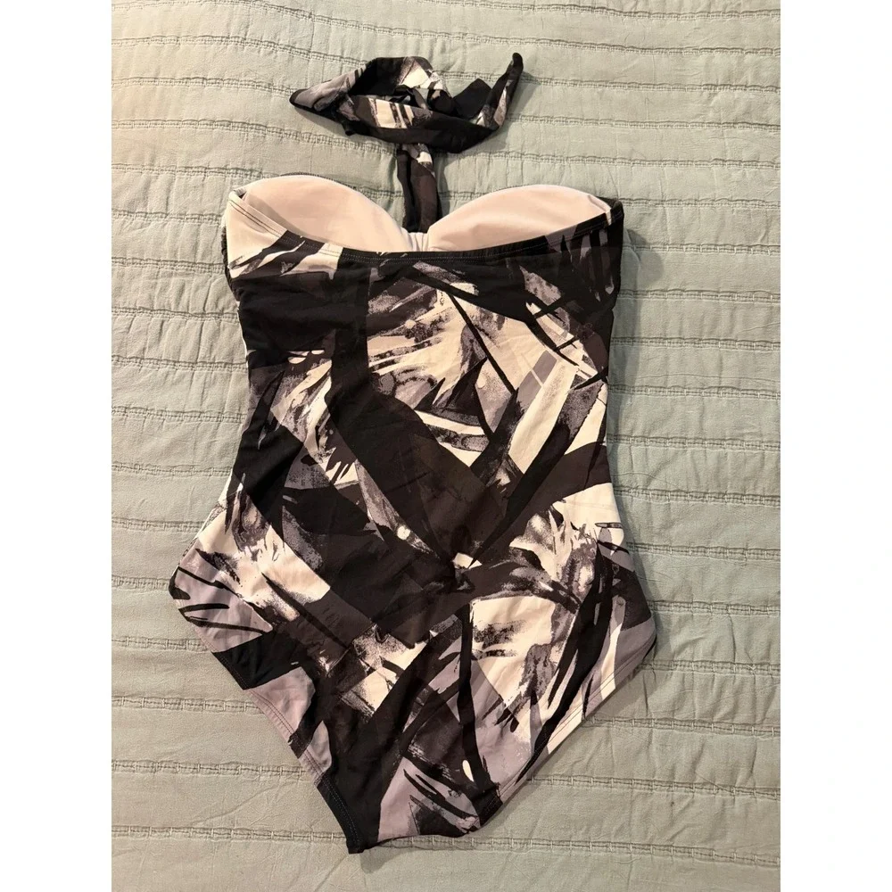 Michael Kors Womens Abstract Print Halter One Piece Swimsuit Black White Grey 12